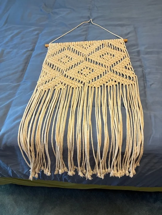 Handmade Macrame Wall Hanging with Wooden Rod and Fringe