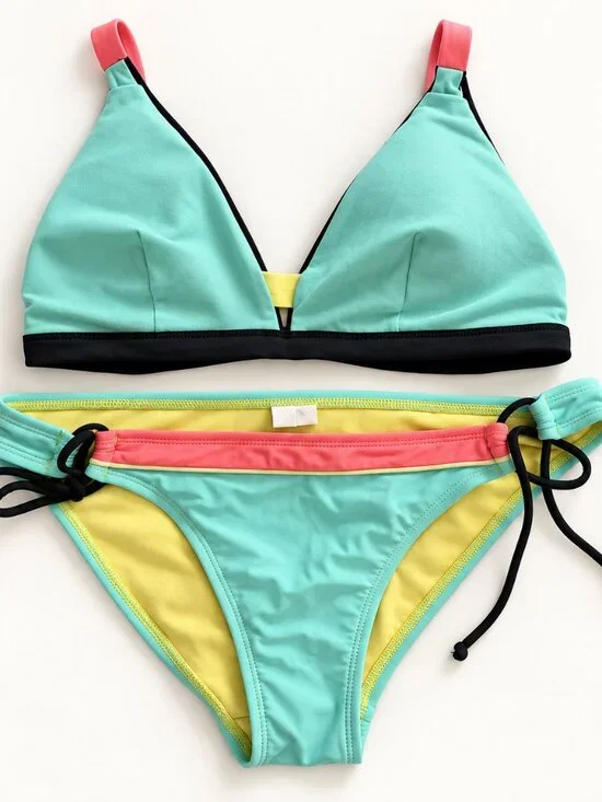 Hobie Aqua Coral Yellow Colorblock Side-Tie Bikini Set Size M