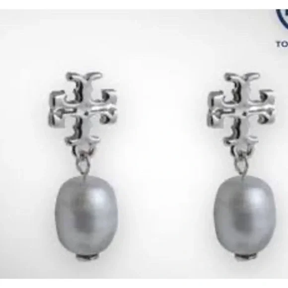 Tory Burch Logo Pearl Drop Down Earrings in Silver / Dustbag Included