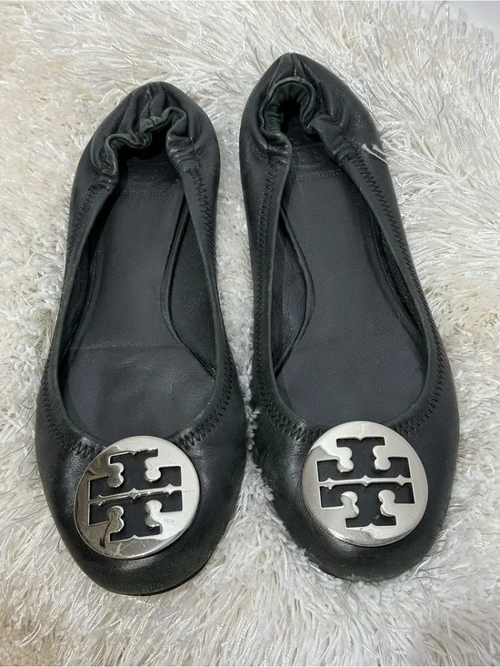 Tory Burch Reva ballet flats black leather with silver logo 9.5