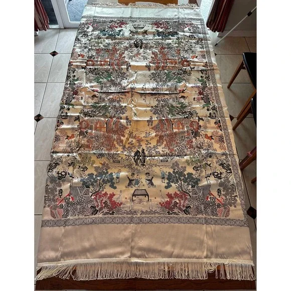 Vintage Oriental Garden Scene Woven Tapestry Table Runner Cream Fringe Large‎