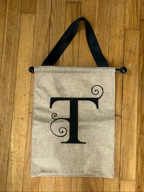Burlap Monogram 'T' Wall Tapestry with Black Lettering