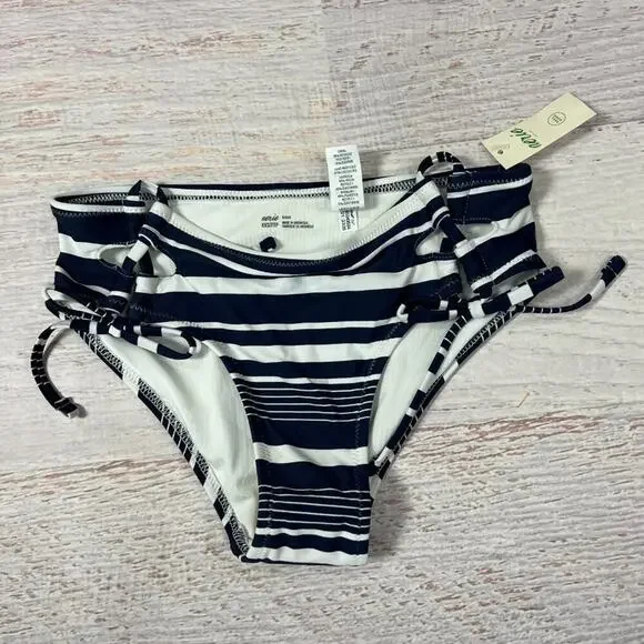 Aerie Side Tie Bikini Bottom Navy White Stripe Size XXS NWT
