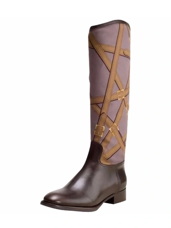Tory Burch FELIX Riding Boots Brown Leather Equestrian Print Fabric Zip Size 5