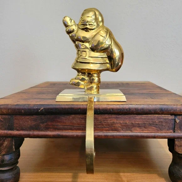 Vintage Brass Santa Claus Stocking Holder Hanger Long Arm Heavy India 6.75