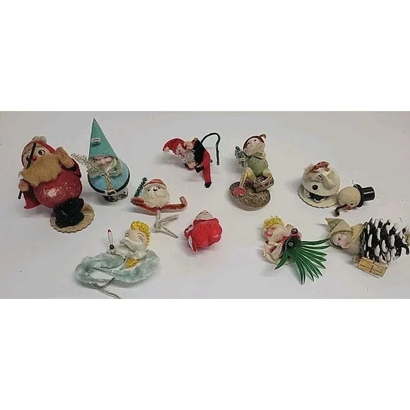 Vtg Handmade Christmas Elf Gnomes Angel Frosty Lot 10 Pipecleaner Pinecone‎