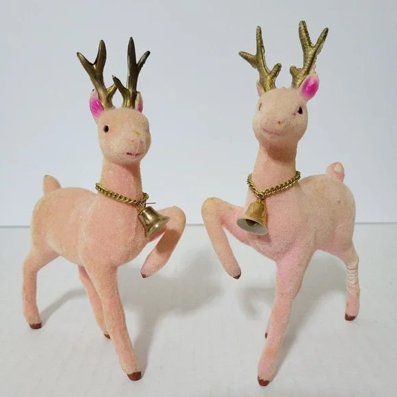 Vtg‎ Flocked Pink Reindeer Deer Lot of 2 Christmas MCM Fuzzy Kitschy 6.5