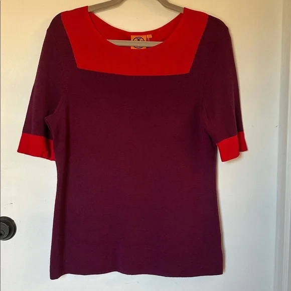 Tory Burch Juliet Wool Colorblock Short Sleeve Sweater large