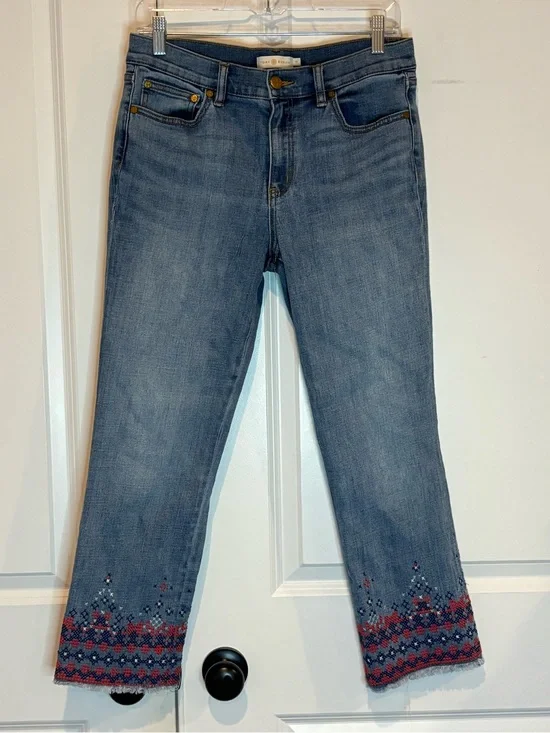 Tory Burch Myers Red Blue Embroidered Raw Crop Hem Jeans 28