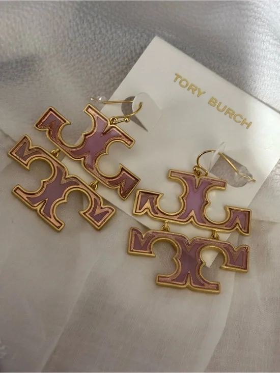 Tory Burch Gold-Tone Earrings with Pink Enamel Double-Logo Drops