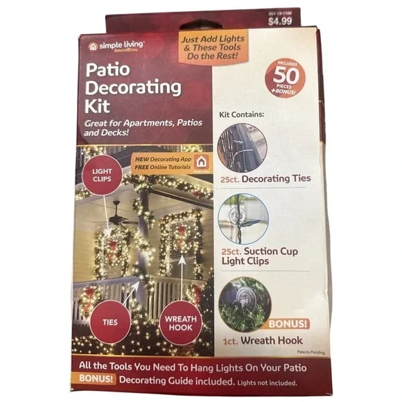 Simple Living 2016 Patio‎ Decorating Kit 50 Pieces & Bonus Wreath Hook Open Box