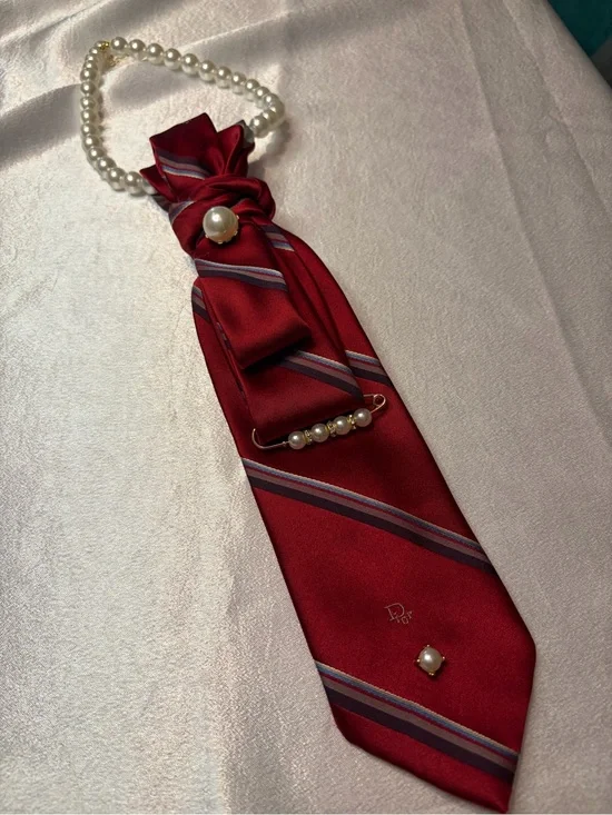 Dior Red Striped Silk Scarf Tie with Pearl Accents