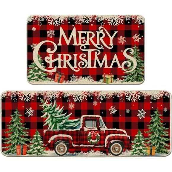 Set‎ of 2 Christmas Kitchen Mats, Red Truck Buffalo Plaid, Farmhouse Decor
