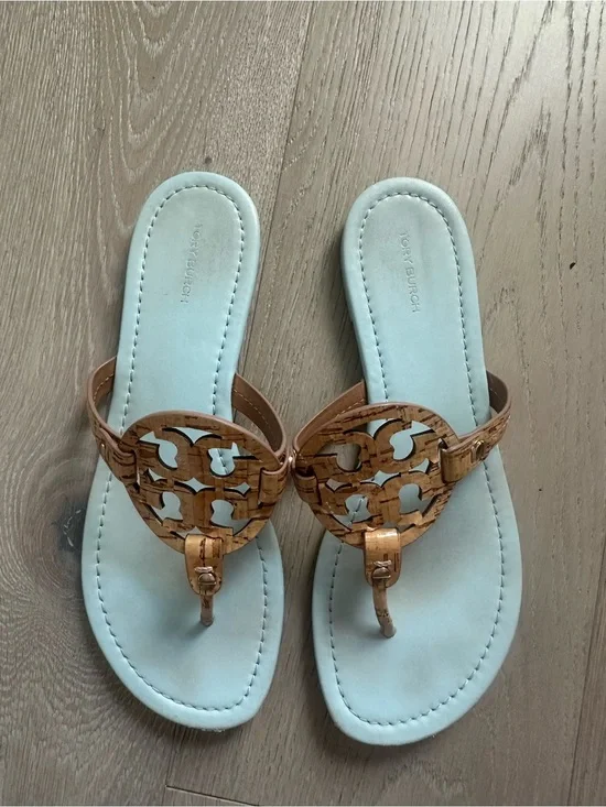 Tory Burch Light Blue Footbed Cork Logo Thong Sandals
