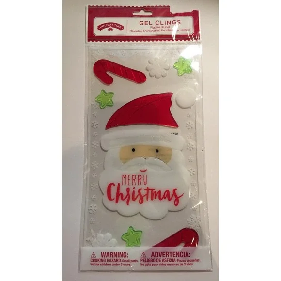 NEW Merry Christmas Santa Claus Candy Canes Snow window Gel Clings 10 pc Decor!