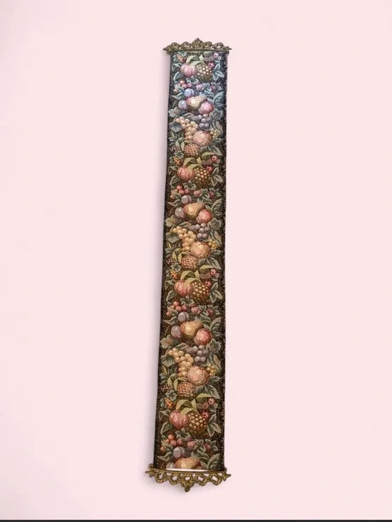 Vintage Fruit Tapestry Bell Pull Wall Hanging w/ Heavy Ornate Brass Ends