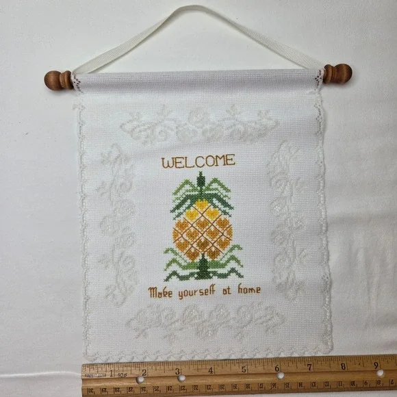 Vintage Pineapple Welcome Cross Stitch Wall Hanging Banner Wood Dowel 8x8.5