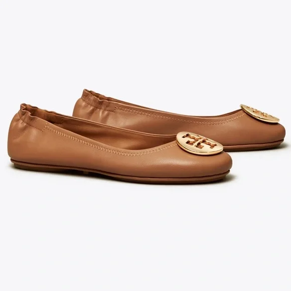 Tory Burch Minnie Travel Ballet Flats Royal Tan Gold Nappa Leather Shoes - 8.5