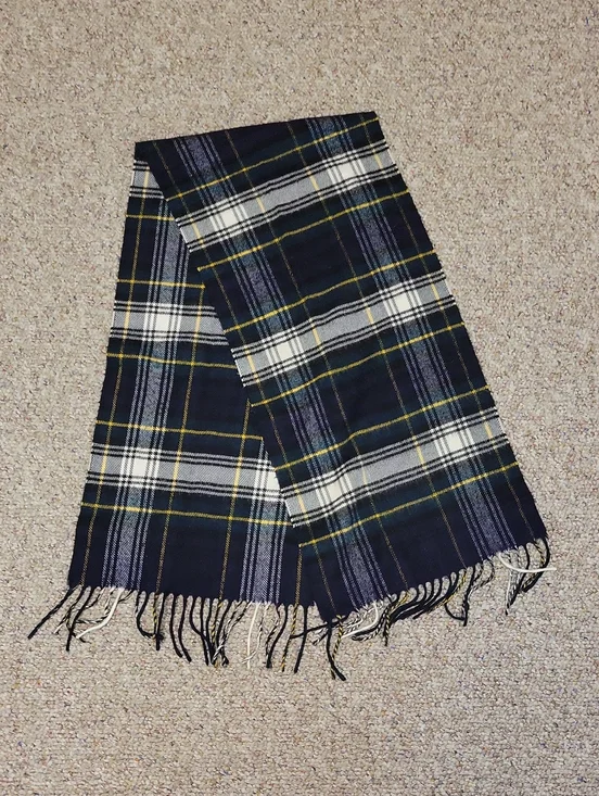 Christian Dior Plaid Fringe Cashmaire Scarf in Navy, White and Yellow Vintage
