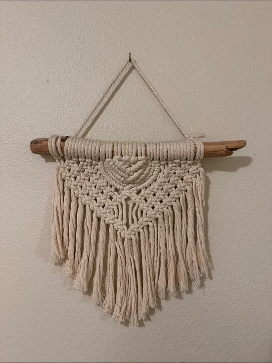 Handwoven Cream Macramé Wall Tapestry with Driftwood Accent