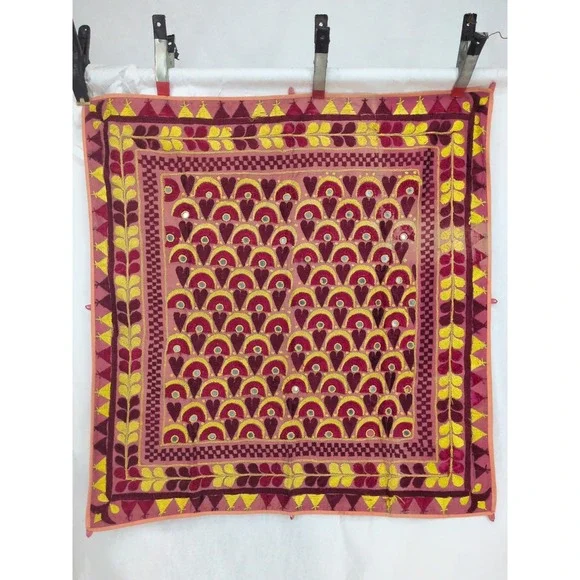 VTG Mirror Work Wall Hanging Embroidered Pink Red Hearts Tapestry India 32