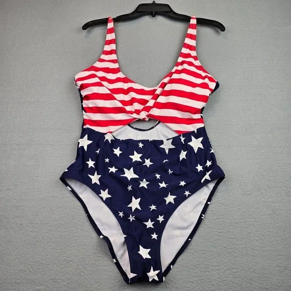 Star & Stripe Red and Navy One-Piece Swimsuit with Front Twist