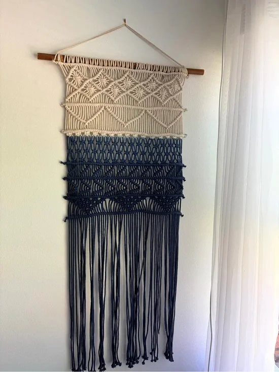 Boho Macramé Wall Hanging Navy Blue & Cream 42” x 21”