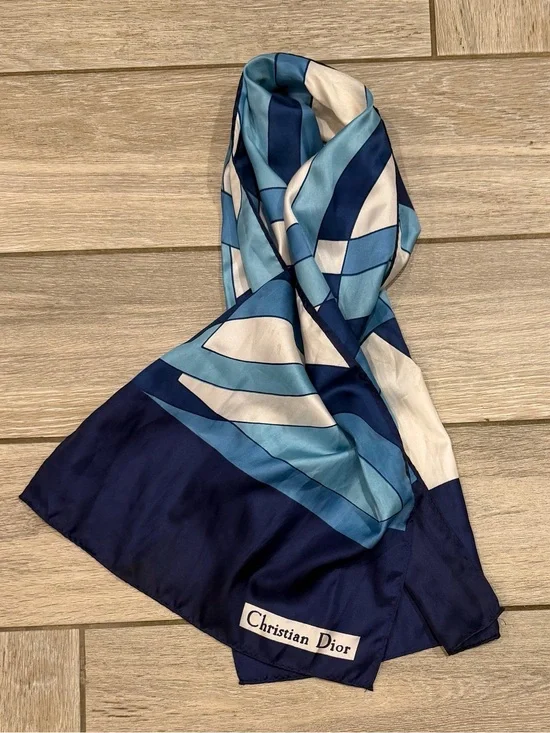 Vintage Christian Dior Geometric Silk Scarf Navy Blue Turquoise Cream Long