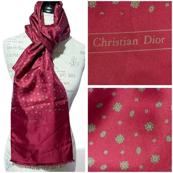 Vintage Christian Dior Reversible Silk and Wool Dark Red Printed Scarf 55” x 9”