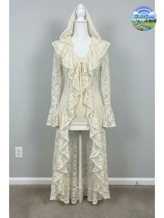 Lace Maxi Cardigan Open Front Tie Bell Sleeve Ruffled Duster Cover Up