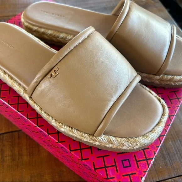 Tory‎ Burch T Logo Leather Espadrille Slide Tiramisu Size 10.5 NEW