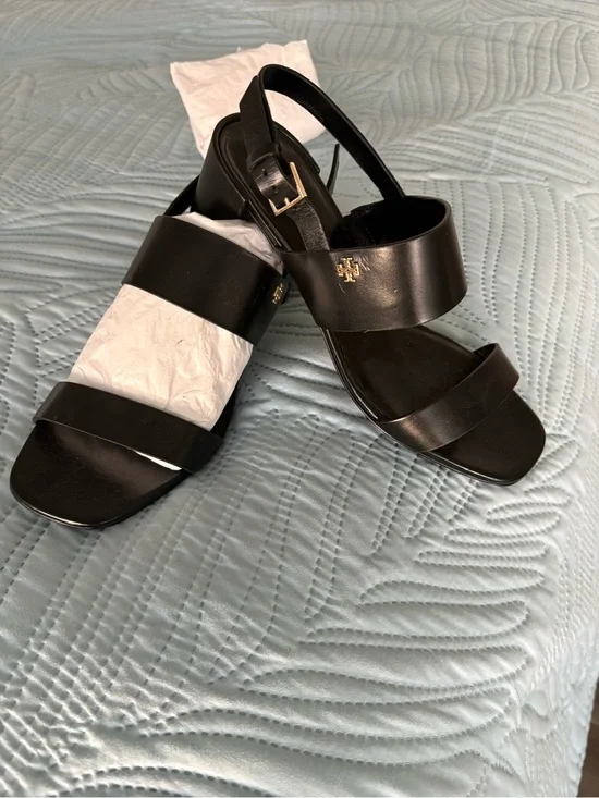 Tory Burch Black Leather Double-Strap Slingback Sandals with Gold Logo