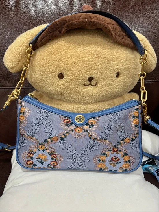 Tory Burch Blue Floral Embroidered Shoulder Bag with Gold Colored Hardware