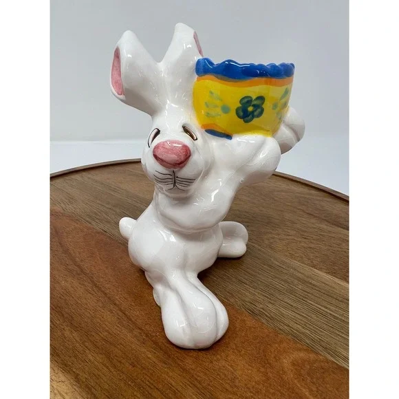 K's Collection White Bunny‎ Rabbit Egg Cup Holder Yellow Blue Floral Design