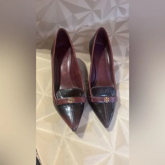 Tory Burch Burgundy and Black Patent kitten heels