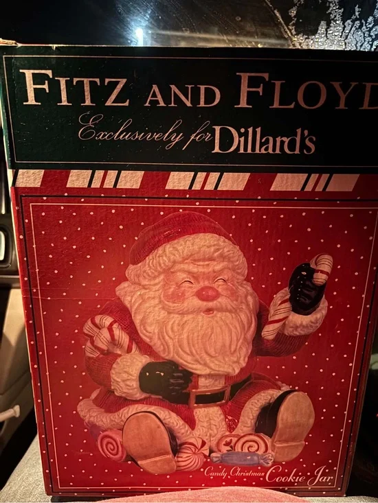 Fitz and Floyd Red and Green Santa Cookie Jar Box with Candy Motif