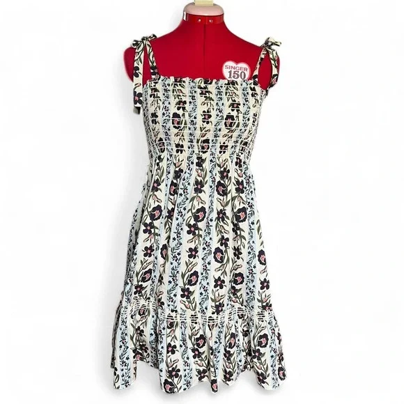 Tory Burch Sleeveless Floral Print Cotton Tiered Dress Tie Straps Size Small