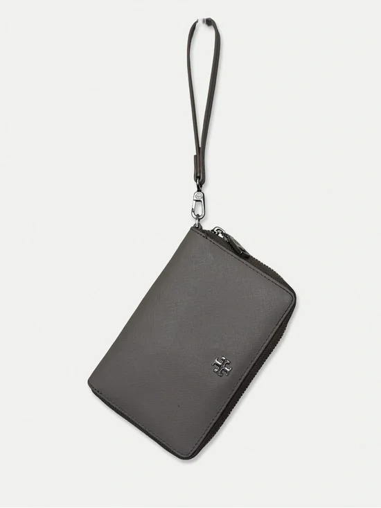 Tory Burch Saffiano Leather Zip Around Wristlet Wallet Gray Taupe