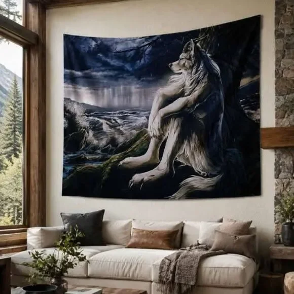 Large Wolf Ocean Storm Tapestry