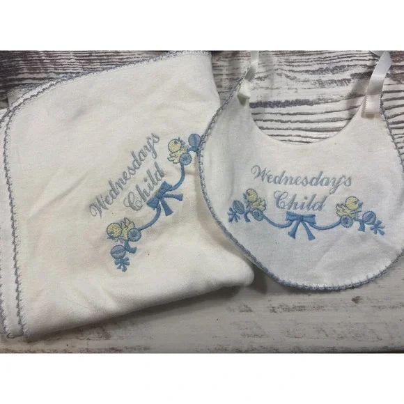 Vintage 1950s Tottle Take Wednesdays Child Embroidered Bib and Blankie Set