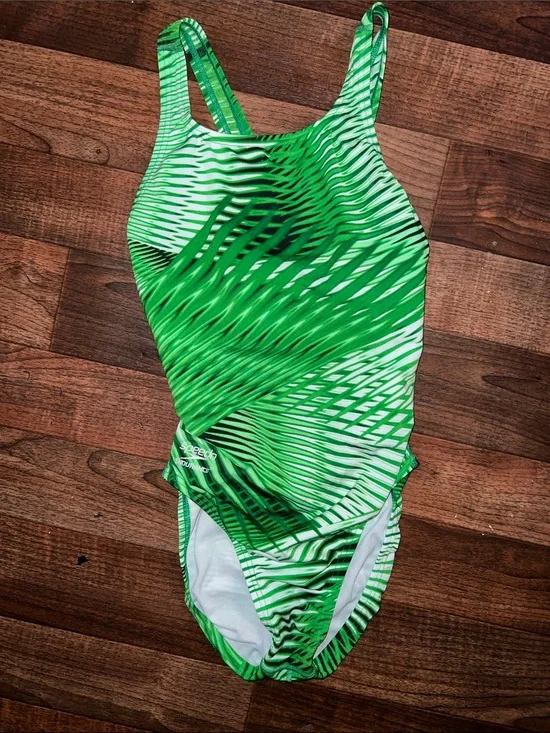 Speedo Green Wave-Pattern Women's One-Piece Swimsuit size 34 geometric
