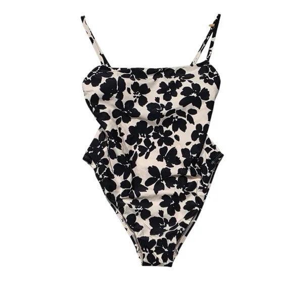 Shade & Shore Floral One Piece Swimsuit Women L Black Ivory High Leg