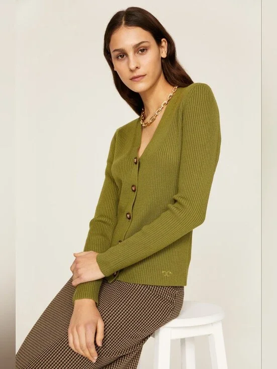 Tory Burch Merino Wool Olive Green Ribbed V-Neck Cardigan Size S