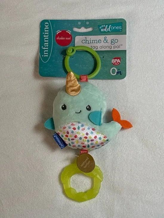 Infantino Chime & Go Narwhal Tag Along Pal - Aqua, Orange, Gold