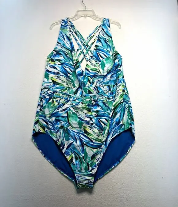 Terra & Sky One-Piece Swimsuit 5X Plus Tropical Crossback Blue/Green beach pool