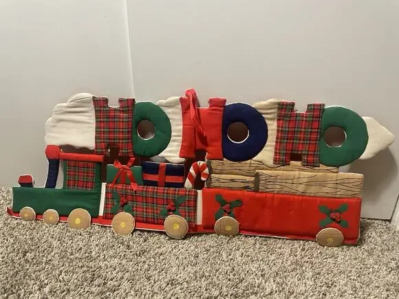 VTG Christmas Train Ho Ho Ho Wall Decor Handmade Fabric Holiday