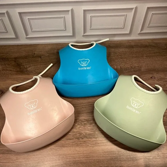 BabyBjorn Silicone Bibs Blue Pink Green 3-Pack Deep Pocket Adjustable BPA Free
