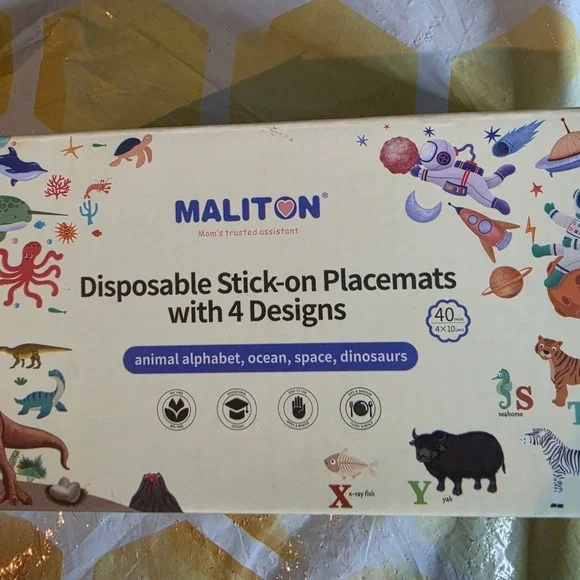 Maliton 40 Pack Disposable Stick-on Placemats for Toddlers Kids 4 Designs