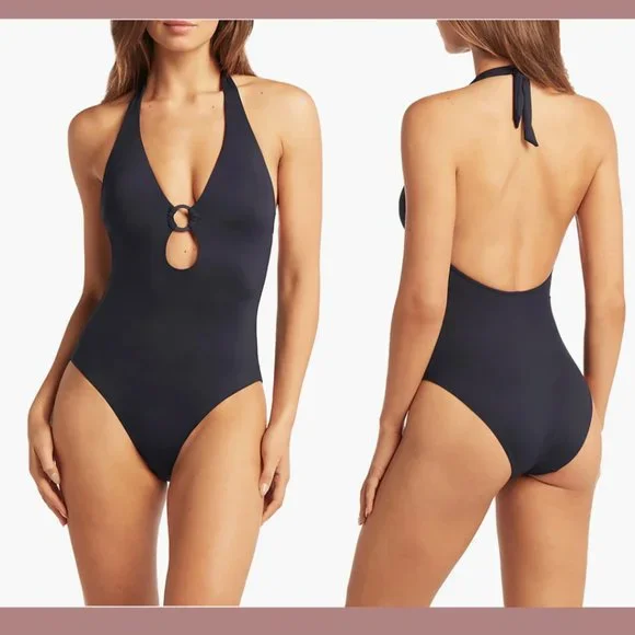 NEW $125 Sea Level [ 4 US ] Keyhole Halter One-Piece Swimsuit Blue #5746‎
