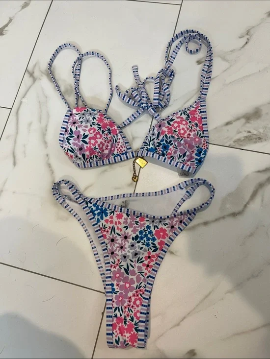 Mossimo Supply Co. Pink Blue Floral Stripe Bikini
